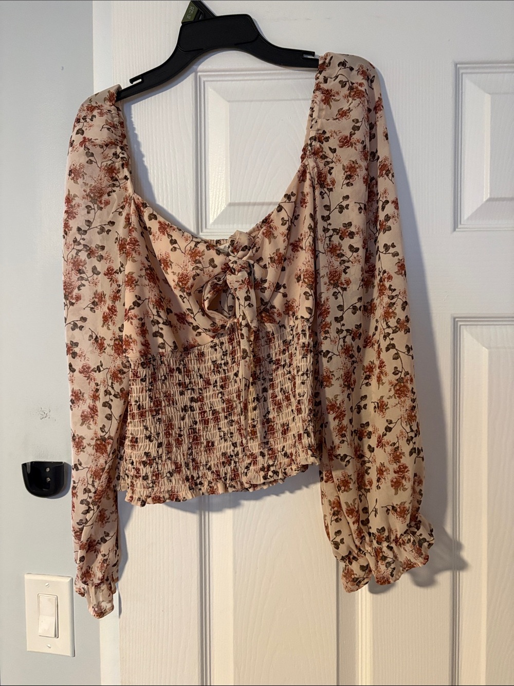 No frills Floral crop  Peasant Top - Cream with Rust Floral